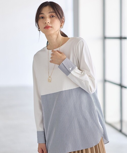 ANY（エニィ）の「シャツコンビレイヤードインナー（Tシャツ/カットソー・レディース・ネイビー系1/アイボリー系/ホワイト系/ダルブルー系9・X-LARGE）」の3枚目の写真
