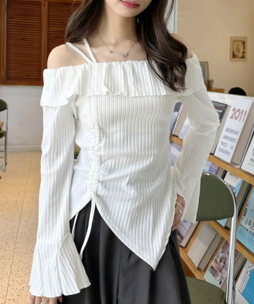 Ada.(エイダ)の「アシンメトリー ワンショル シャーリング フリル トップス(Tシャツ/カットソー・レディース・ホワイト/ブラック/ベージュ・FREE)」の14枚目の写真
