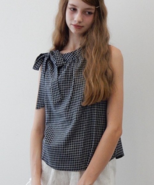 Birthday room(バースデイルーム)の「ノースリリボンチェックブラウス/Sleeveless ribbon check blouse(シャツ/ブラウス・レディース・ネイビー/ホワイト・FREE)」の1枚目の写真
