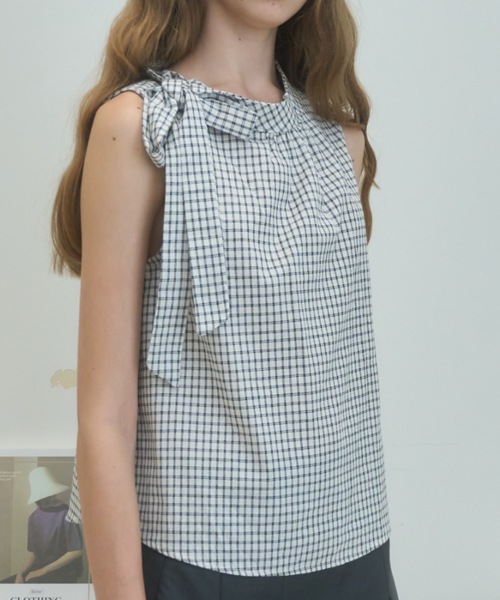 Birthday room(バースデイルーム)の「ノースリリボンチェックブラウス/Sleeveless ribbon check blouse(シャツ/ブラウス・レディース・ネイビー/ホワイト・FREE)」の3枚目の写真