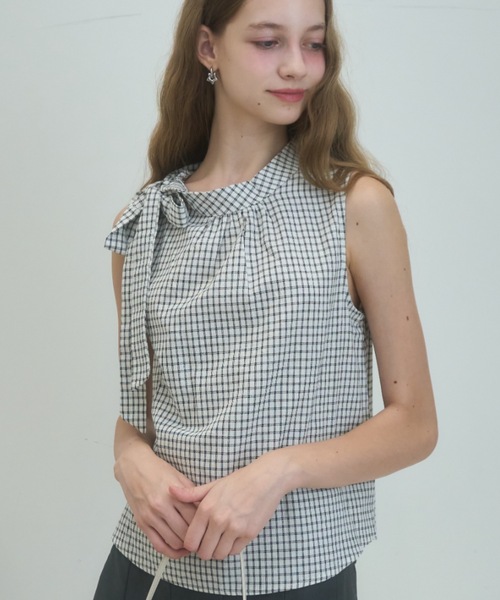 Birthday room(バースデイルーム)の「ノースリリボンチェックブラウス/Sleeveless ribbon check blouse(シャツ/ブラウス・レディース・ネイビー/ホワイト・FREE)」の5枚目の写真