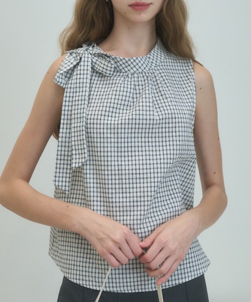 Birthday room(バースデイルーム)の「ノースリリボンチェックブラウス/Sleeveless ribbon check blouse(シャツ/ブラウス・レディース・ネイビー/ホワイト・FREE)」の6枚目の写真