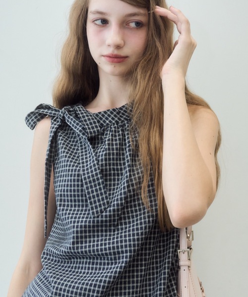 Birthday room(バースデイルーム)の「ノースリリボンチェックブラウス/Sleeveless ribbon check blouse(シャツ/ブラウス・レディース・ネイビー/ホワイト・FREE)」の16枚目の写真
