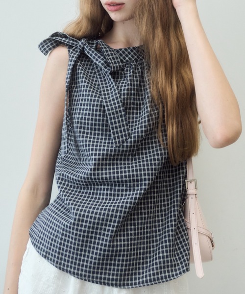 Birthday room(バースデイルーム)の「ノースリリボンチェックブラウス/Sleeveless ribbon check blouse(シャツ/ブラウス・レディース・ネイビー/ホワイト・FREE)」の17枚目の写真