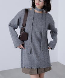 ◆モヘア混タイ付きルーズミニワンピース