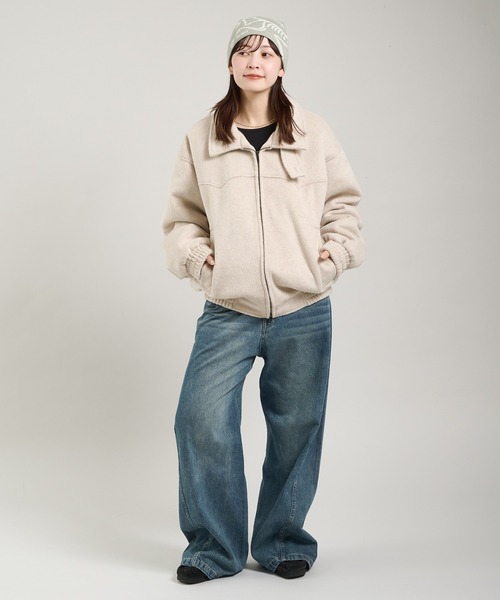 Perushu ウール混シャギースタンドネックフライトジャケット セール】ウール混シャギースタンドネックフライトジャケット（ブルゾン