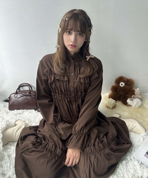 AS KNOW AS plus(アズノゥアズプラス)の「♪フリルとリボン前開きワンピース(ワンピース・レディース・ブラック/ブラック系その他/ブラウン・FREE)」の3枚目の写真