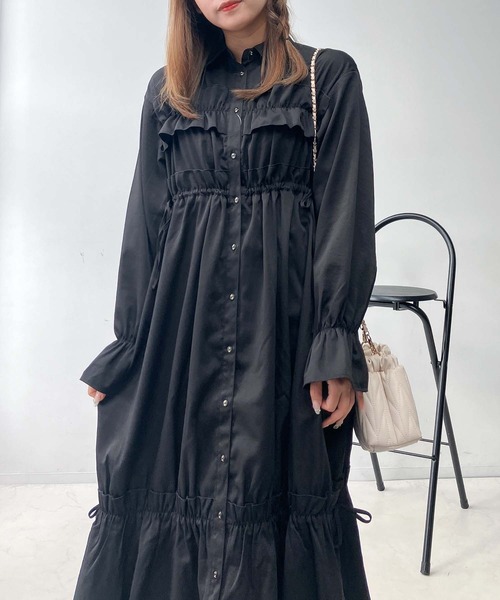 AS KNOW AS plus(アズノゥアズプラス)の「♪フリルとリボン前開きワンピース(ワンピース・レディース・ブラック/ブラック系その他/ブラウン・FREE)」の4枚目の写真