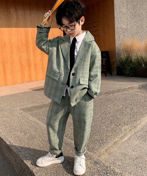 キッズスーツ 長袖クラシカルチェック柄ジャケット+ボトムス 上下2点