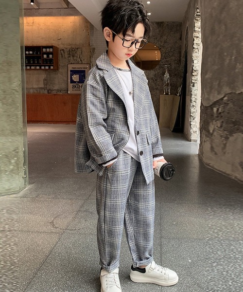 キッズスーツ 長袖クラシカルチェック柄ジャケット+ボトムス 上下2点