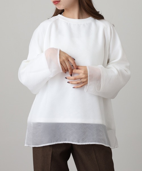 OMNES(オムネス)の「オーガンジーレイヤード ダンボールニット ラグランプルオーバー長袖(Tシャツ/カットソー・レディース・ホワイト・FREE)」の1枚目の写真