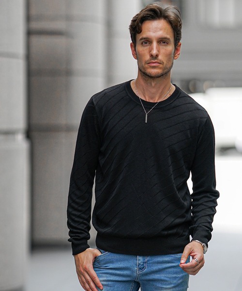 JOKER（ジョーカー）の「発熱・保温バイアス柄ニット（2型）メンズ クルーネック タートルネック 薄手 ホワイト ブラック ハイゲージ 春服 冬服（ニット/セーター・メンズ・ブラック/グレー系その他/グレー/ブラック系その他/ホワイト/ホワイト系その他・XL/M/L）」の4枚目の写真