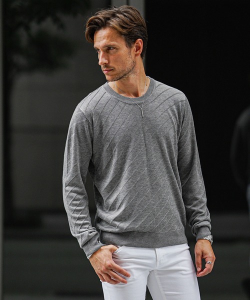 JOKER（ジョーカー）の「発熱・保温バイアス柄ニット（2型）メンズ クルーネック タートルネック 薄手 ホワイト ブラック ハイゲージ 春服 冬服（ニット/セーター・メンズ・ブラック/グレー系その他/グレー/ブラック系その他/ホワイト/ホワイト系その他・XL/M/L）」の6枚目の写真