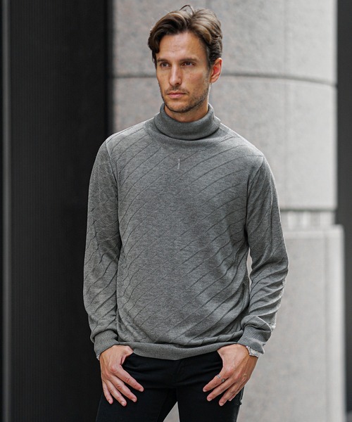 JOKER（ジョーカー）の「発熱・保温バイアス柄ニット（2型）メンズ クルーネック タートルネック 薄手 ホワイト ブラック ハイゲージ 春服 冬服（ニット/セーター・メンズ・ブラック/グレー系その他/グレー/ブラック系その他/ホワイト/ホワイト系その他・XL/M/L）」の5枚目の写真