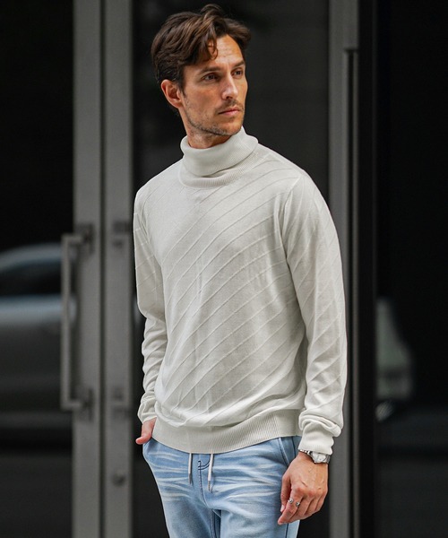 JOKER（ジョーカー）の「発熱・保温バイアス柄ニット（2型）メンズ クルーネック タートルネック 薄手 ホワイト ブラック ハイゲージ 春服 冬服（ニット/セーター・メンズ・ブラック/グレー系その他/グレー/ブラック系その他/ホワイト/ホワイト系その他・XL/M/L）」の7枚目の写真