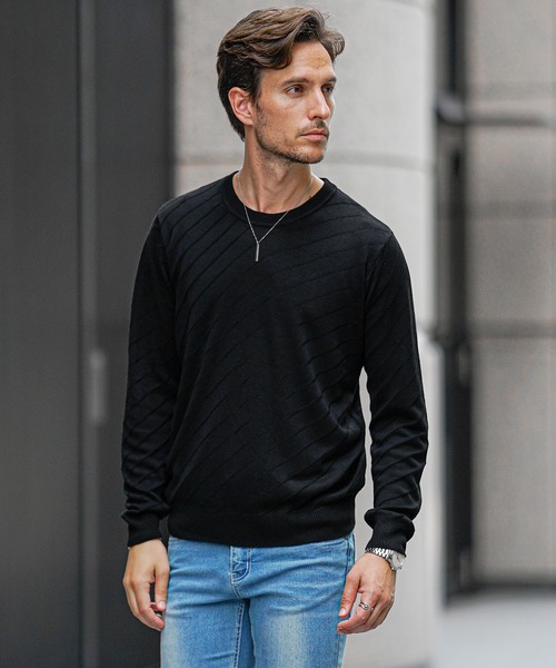 JOKER（ジョーカー）の「発熱・保温バイアス柄ニット（2型）メンズ クルーネック タートルネック 薄手 ホワイト ブラック ハイゲージ 春服 冬服（ニット/セーター・メンズ・ブラック/グレー系その他/グレー/ブラック系その他/ホワイト/ホワイト系その他・XL/M/L）」の16枚目の写真