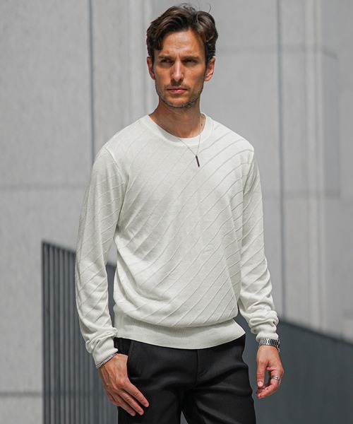 JOKER（ジョーカー）の「発熱・保温バイアス柄ニット（2型）メンズ クルーネック タートルネック 薄手 ホワイト ブラック ハイゲージ 春服 冬服（ニット/セーター・メンズ・ブラック/グレー系その他/グレー/ブラック系その他/ホワイト/ホワイト系その他・XL/M/L）」の10枚目の写真