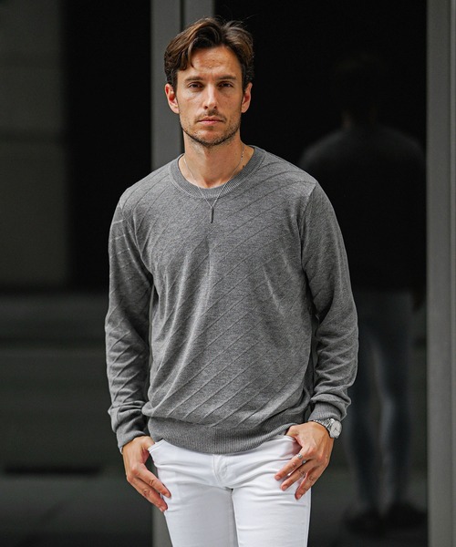 JOKER（ジョーカー）の「発熱・保温バイアス柄ニット（2型）メンズ クルーネック タートルネック 薄手 ホワイト ブラック ハイゲージ 春服 冬服（ニット/セーター・メンズ・ブラック/グレー系その他/グレー/ブラック系その他/ホワイト/ホワイト系その他・XL/M/L）」の22枚目の写真