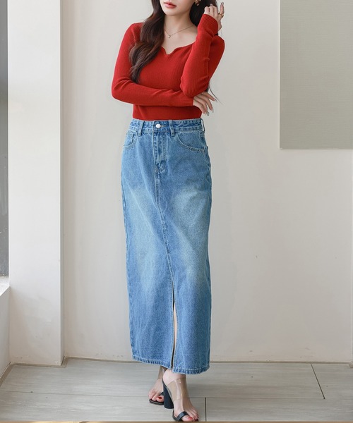DAY CLOSET(デイ クローゼット)の「【縦ラインで脚長効果/ピーチスキン加工】フロントスリットナローデニムスカート レディース(デニムスカート・レディース・ブルー/ブラック・L/M)」の15枚目の写真