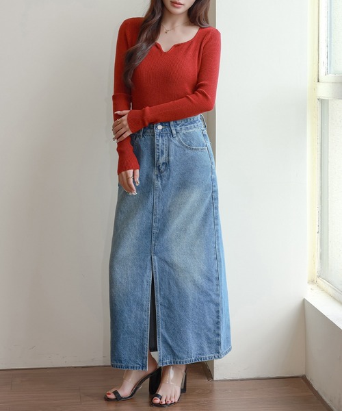 DAY CLOSET(デイ クローゼット)の「【縦ラインで脚長効果/ピーチスキン加工】フロントスリットナローデニムスカート レディース(デニムスカート・レディース・ブルー/ブラック・L/M)」の16枚目の写真