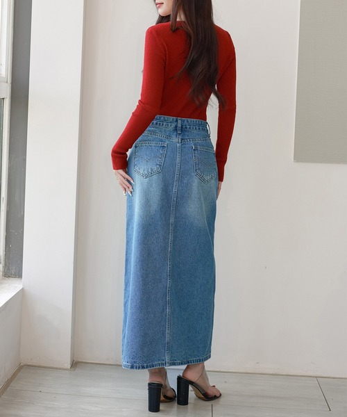 DAY CLOSET(デイ クローゼット)の「【縦ラインで脚長効果/ピーチスキン加工】フロントスリットナローデニムスカート レディース(デニムスカート・レディース・ブルー/ブラック・L/M)」の18枚目の写真