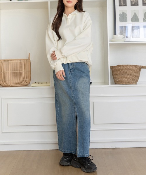 DAY CLOSET(デイ クローゼット)の「【縦ラインで脚長効果/ピーチスキン加工】フロントスリットナローデニムスカート レディース(デニムスカート・レディース・ブルー/ブラック・L/M)」の19枚目の写真
