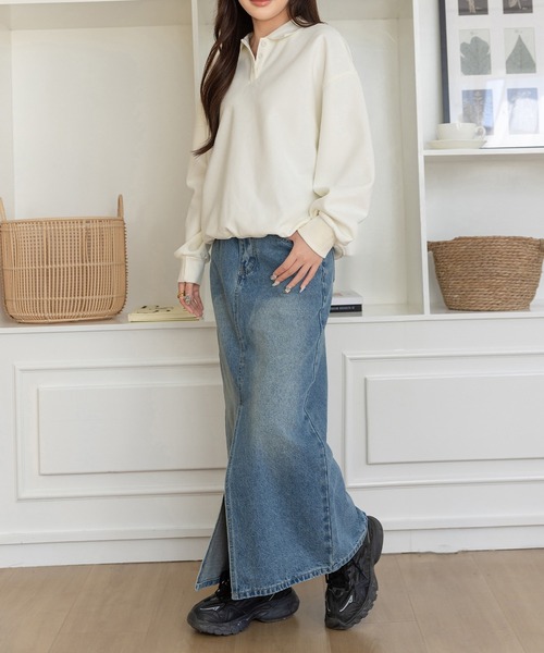 DAY CLOSET(デイ クローゼット)の「【縦ラインで脚長効果/ピーチスキン加工】フロントスリットナローデニムスカート レディース(デニムスカート・レディース・ブルー/ブラック・L/M)」の20枚目の写真