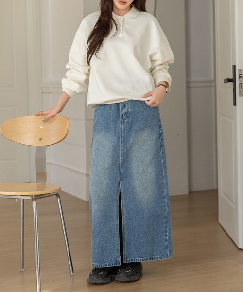 DAY CLOSET(デイ クローゼット)の「【縦ラインで脚長効果/ピーチスキン加工】フロントスリットナローデニムスカート レディース(デニムスカート・レディース・ブルー/ブラック・L/M)」の21枚目の写真