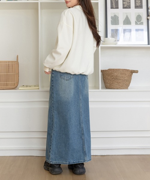 DAY CLOSET(デイ クローゼット)の「【縦ラインで脚長効果/ピーチスキン加工】フロントスリットナローデニムスカート レディース(デニムスカート・レディース・ブルー/ブラック・L/M)」の22枚目の写真