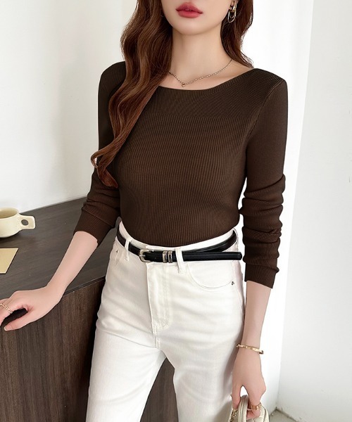 セール】デコルテ美人 ボートネックニット リブニット レイヤード