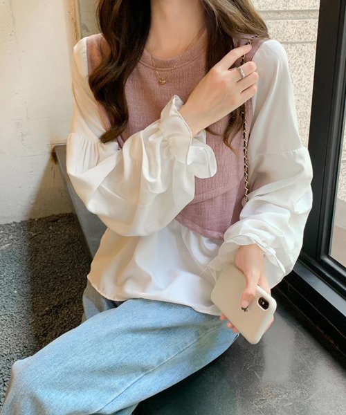 SallyLunn(サリーラン)の「ニットベスト付きシフォンブラウス(ニット/セーター・レディース・ピンク/ブラック/ブルー・FREE)」の4枚目の写真