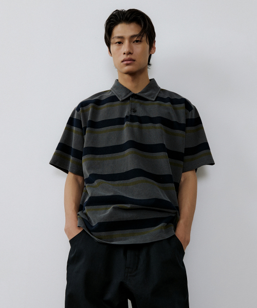 ENDOOR(エンドア)の「Vintage pk stripe 1/2 polo shirt (vtg gray)(シャツ/ブラウス・メンズ・チャコールグレー・1/2)」の6枚目の写真