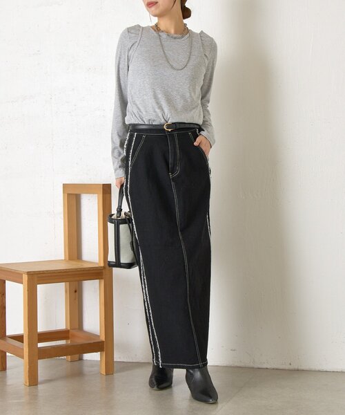 Jena espace merveilleux（ジェナ　エスパスメルヴェイユ）の「サイドフリンジデニムスカート（スカート・レディース・ブラック/ネイビー・FREE）」の19枚目の写真