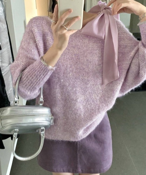 Miniministore(ミニミニストア)の「ラメシャギーニットオフショルダートップス(ニット/セーター・レディース・グレー/ピンク/アイボリー/ラベンダー・FREE)」の3枚目の写真