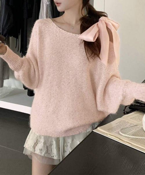 Miniministore(ミニミニストア)の「ラメシャギーニットオフショルダートップス(ニット/セーター・レディース・グレー/ピンク/アイボリー/ラベンダー・FREE)」の4枚目の写真