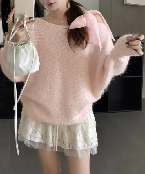 Miniministore(ミニミニストア)の「ラメシャギーニットオフショルダートップス(ニット/セーター・レディース・グレー/ピンク/アイボリー/ラベンダー・FREE)」の6枚目の写真