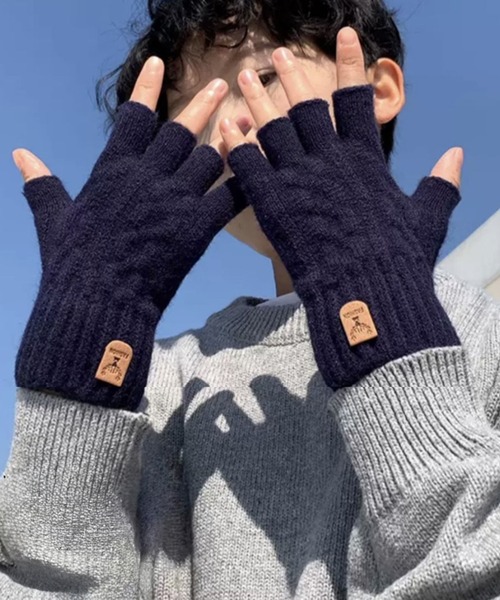 スマホ対応 ワンポイント 指なし ニットグローブ 手袋 WO25W9AC06