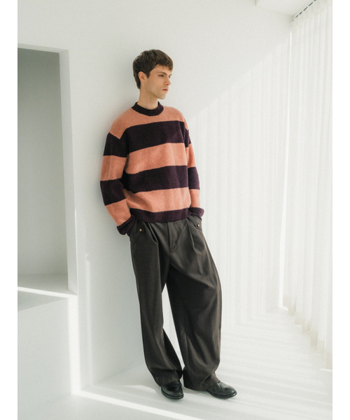 POKER FACE（ポーカーフェイス）の「BLOCK ROUND NECK KINT DEEP PEACH/BURGUNDY（ニット/セーター・メンズ・バーガンディー・46/48/50）」の3枚目の写真