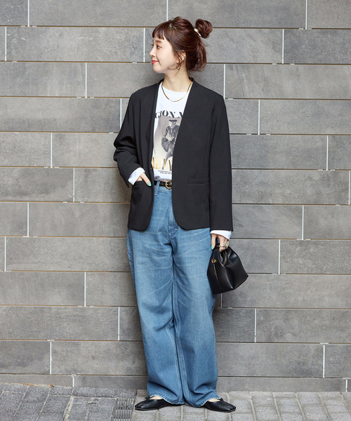 B.C STOCK(ベーセーストック)の「手洗い可 / T/R ダブルクロス ジャケット(ノーカラージャケット・レディース・ベージュ系その他/ブラック・MEDIUM/SMALL)」の17枚目の写真