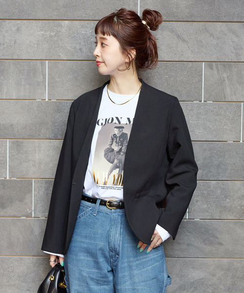B.C STOCK(ベーセーストック)の「手洗い可 / T/R ダブルクロス ジャケット(ノーカラージャケット・レディース・ベージュ系その他/ブラック・MEDIUM/SMALL)」の20枚目の写真