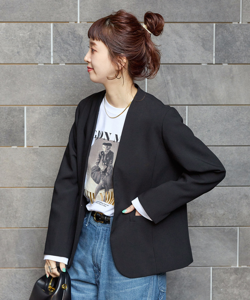 B.C STOCK(ベーセーストック)の「手洗い可 / T/R ダブルクロス ジャケット(ノーカラージャケット・レディース・ベージュ系その他/ブラック・MEDIUM/SMALL)」の21枚目の写真