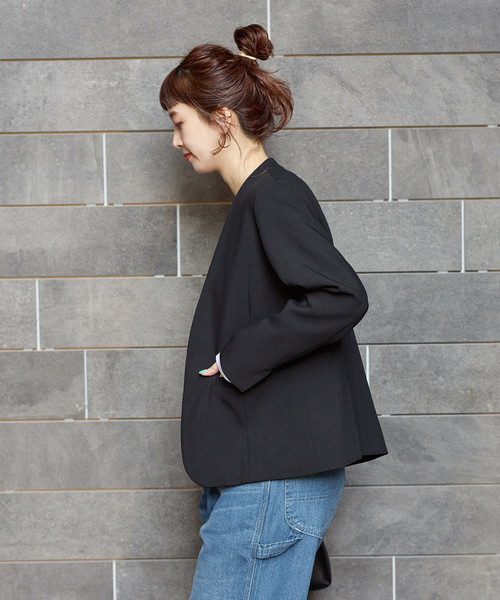 B.C STOCK(ベーセーストック)の「手洗い可 / T/R ダブルクロス ジャケット(ノーカラージャケット・レディース・ベージュ系その他/ブラック・MEDIUM/SMALL)」の22枚目の写真