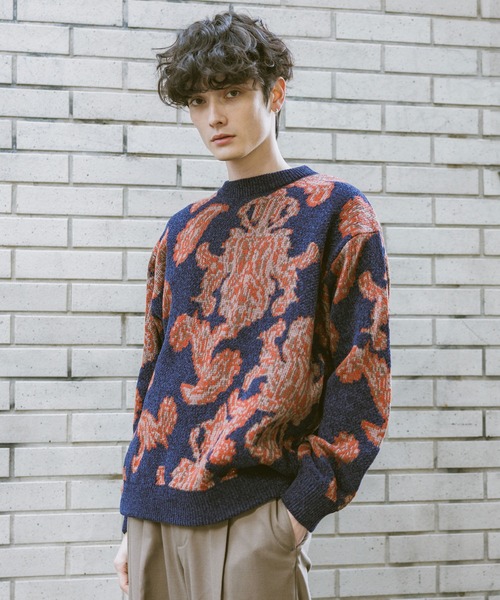 メンズウェア COLORFUL GEOMETRY PATTERN JQD KNIT CREW Iroquois（イロコイ） ニット 3G WJQ GEOMETRIC PATTERN KNIT 黒