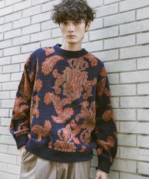 セール】Damask Pattern Jacquard Knit/ダマスク柄ジャガードニット