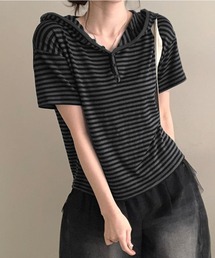 【26年春夏新作】半袖フーディVネックボーダーTシャツ