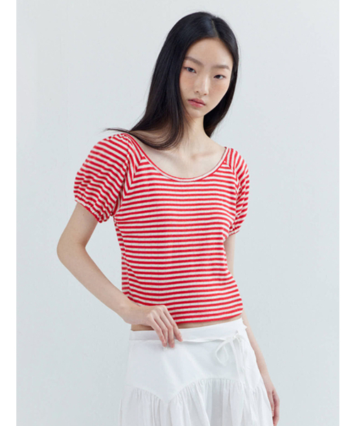 OPENING SUNSHINE(オープニングサンシャイン)の「パフスリーブストライプTシャツレッド(Tシャツ/カットソー・レディース・その他・FREE)」の1枚目の写真