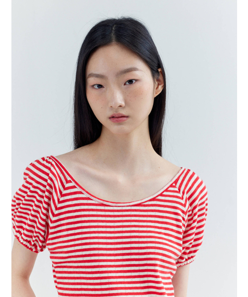OPENING SUNSHINE(オープニングサンシャイン)の「パフスリーブストライプTシャツレッド(Tシャツ/カットソー・レディース・その他・FREE)」の2枚目の写真