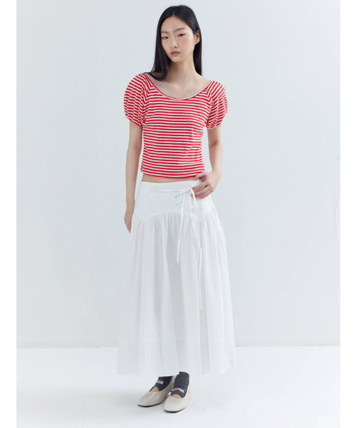 OPENING SUNSHINE(オープニングサンシャイン)の「パフスリーブストライプTシャツレッド(Tシャツ/カットソー・レディース・その他・FREE)」の3枚目の写真