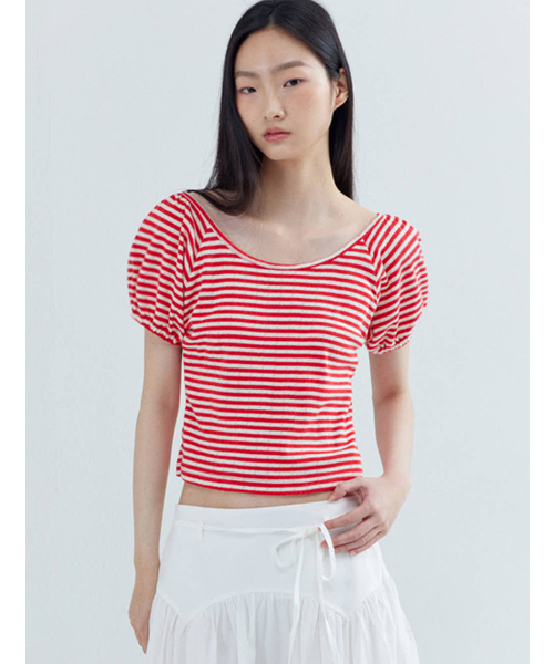 OPENING SUNSHINE(オープニングサンシャイン)の「パフスリーブストライプTシャツレッド(Tシャツ/カットソー・レディース・その他・FREE)」の4枚目の写真