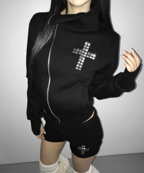 THEAIRTOWN（ジエアタウン）の「tuebe cross high neck zip-up（スウェット・レディース・グレー/ブラック・FREE）」の2枚目の写真